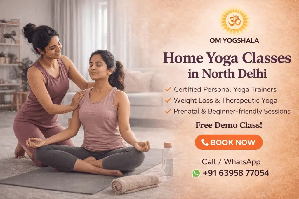 Female yoga trainer guiding a woman during home yoga class in North Delhi by Omyogshala