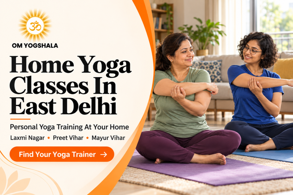 Home yoga classes in East Delhi with a trainer guiding a seated shoulder stretch.